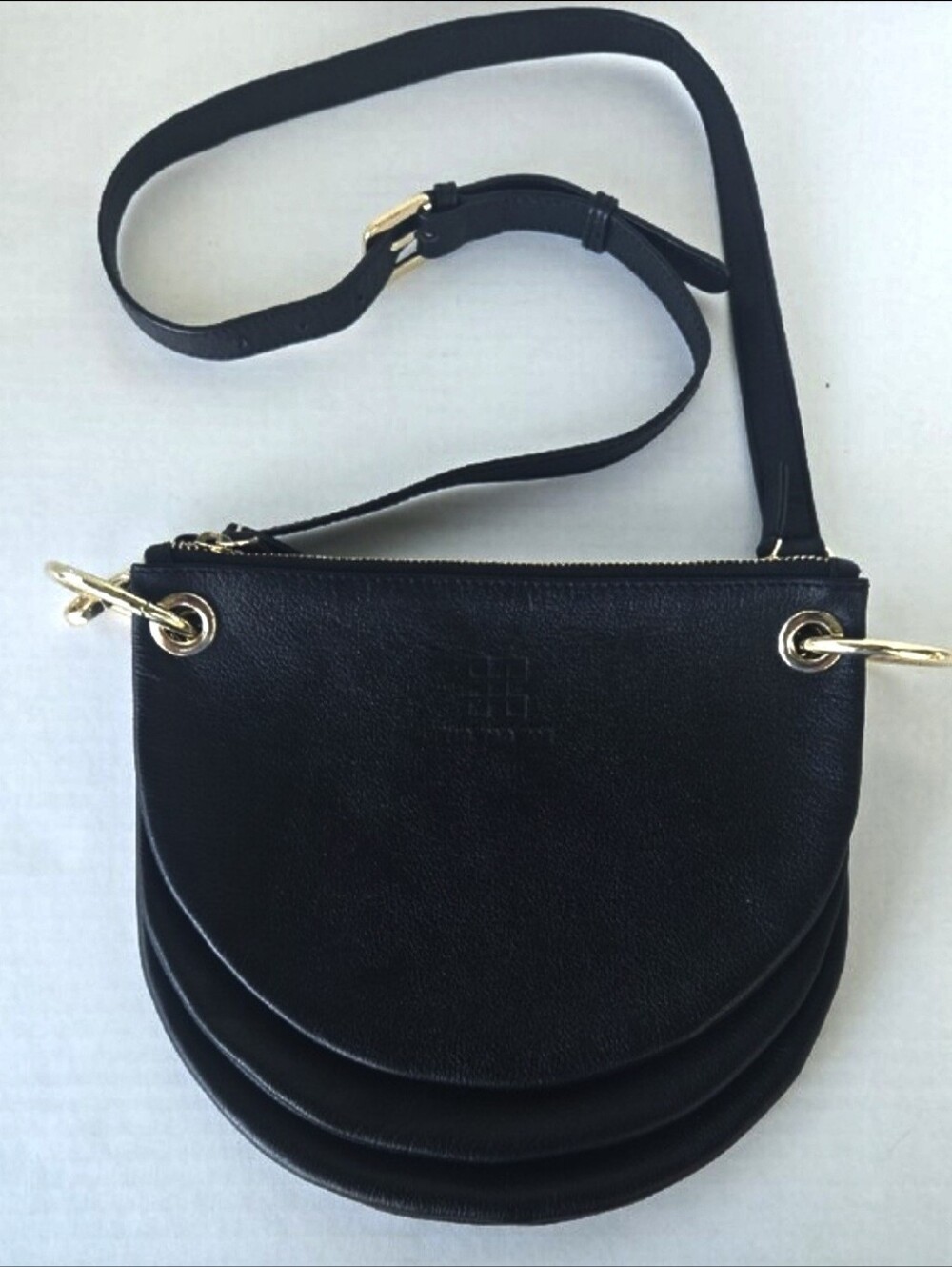 TIC TAC TOE Black Leather Crossbody Bag with Gold Ring Detail